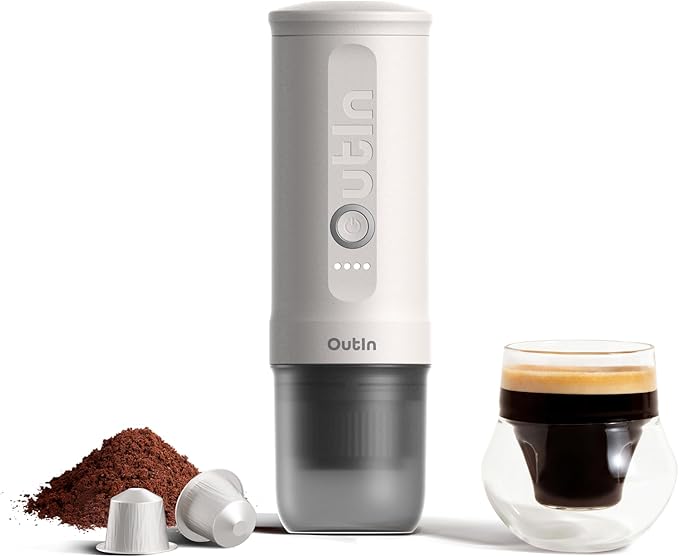 OutIn Nano Portable Electric Espresso Machine Travel Coffee Maker for Camping Car Coffee Maker Self-Heating with USB-C With Ground Coffee &amp NS Capsule for RV Hiking Office
