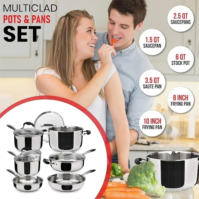 10 Stainless Steel Cookware Set Pots and Pans Set Kitchen Essentials for Cooking Multi Ply Body Stainless10 PcOne