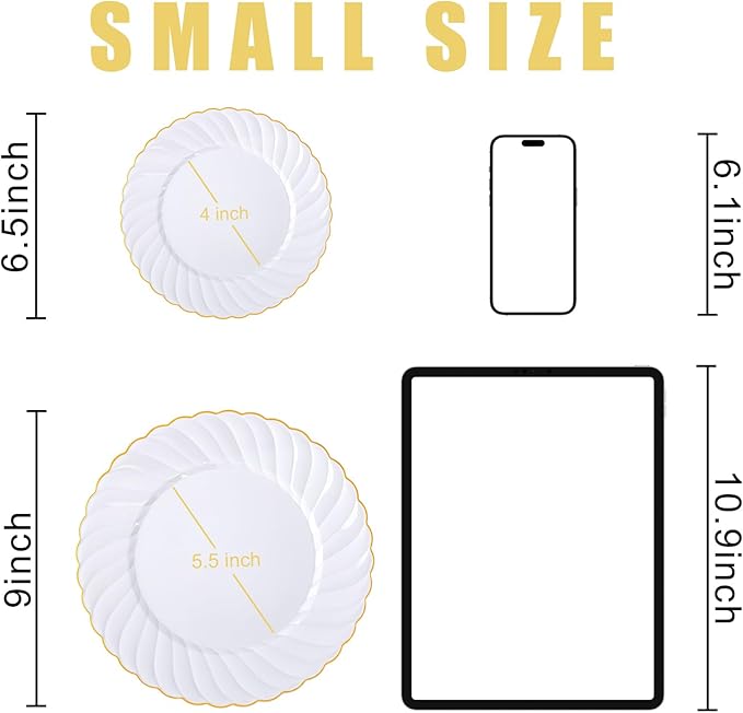 U-QE 100 Pieces Gold Plastic Plates - Premium White Plastic Plates for Party Wedding and Daily Use Including 50PCS 9 '' Plastic Dinner Plates &amp 50PCS 6.5 '' Plastic Dessert Plates