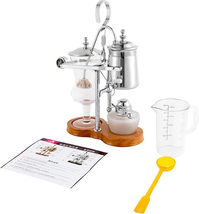 Belgium Balance Syphon Coffee Maker Vintage Belgian Siphon Brewer with Cup&ampCoffee Spoon Disassemble Luxury Coffee Pot Set for Restaurant Home Kitchen Office-Silver