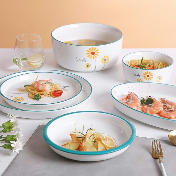 New Dinnerware SetsCeramics Dinnerware Set Creative Daisy Pattern Porcelain Dinner Set Of 52 / Simple Style Plates And Bowls Sets For Family Gathering And Restauran