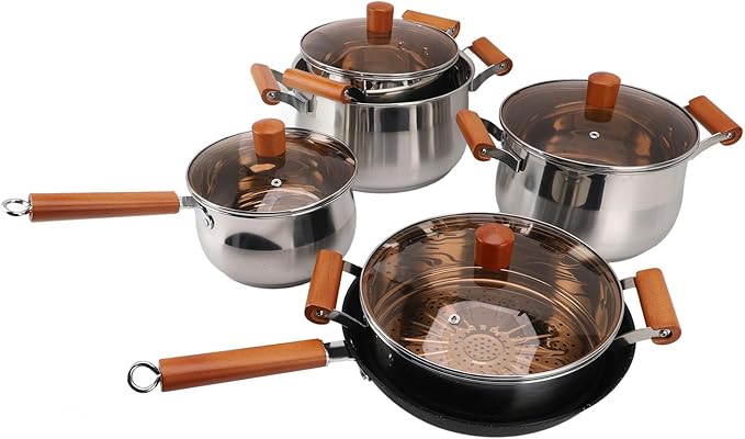 Multifunctional Stainless Steel Cookware SetInduction Compatible 5 Ply Clad Professional Kitchen Cookin Wood Handle Even Heat
