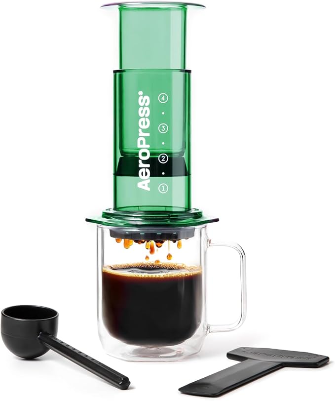 AeroPress Clear Green Coffee Press - All-in-One French Press Pour-Over &amp Espresso Style Manual Brewer 2 Min Brew for Less Bitterness More Flavor Small Portable Coffee Maker Travel &amp Campi