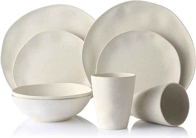 Morgiana Bamboo Dinnerware Set 8-Pieces Reusable Tableware Set Eco-Friendly Bamboo Fiber Plates Cups Bowls for 2 Person (White)