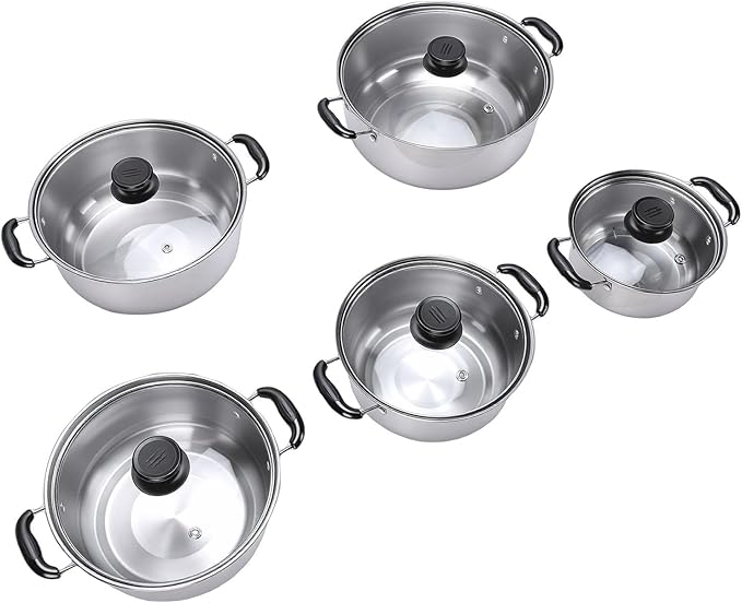 5PCS Stainless Steel Cookware Set Glass Lids Kitchen Cooking Pots for Induction Cooktop with Sturdy Structure and Easy to