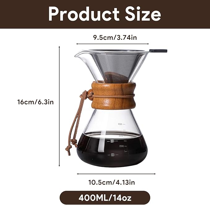 Wood Neck Pour Over Coffee Maker with Stainless Steel Filter 400ml(13oz) Glass Coffee Pot Drip Coffee Brewer for Home Cafe Camping Gift - Permanent Reusable Filter No Paper Needed(400ml)