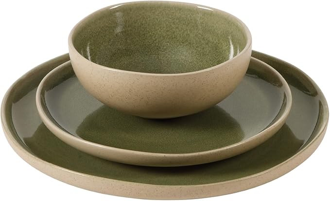 Gibson Elite Manila Bay 12-Piece Stoneware Dinnerware Set Service for 4 Reactive Glaze Modern Artisan Plates Bowls &amp Mugs Green Round Design