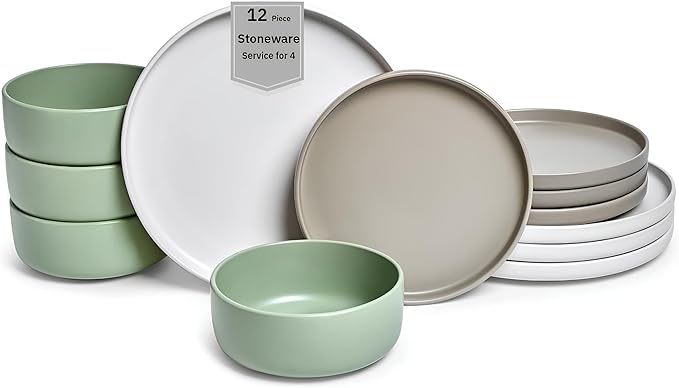 Sango 12-Piece Stoneware Dinnerware Set for 4 Satin Glazed Plates and Bowls Sets with Matte Finish Ceramic Dish Set Durable Kitchen Dishes Microwave &amp Dishwasher Safe for Casual Dining Rollo