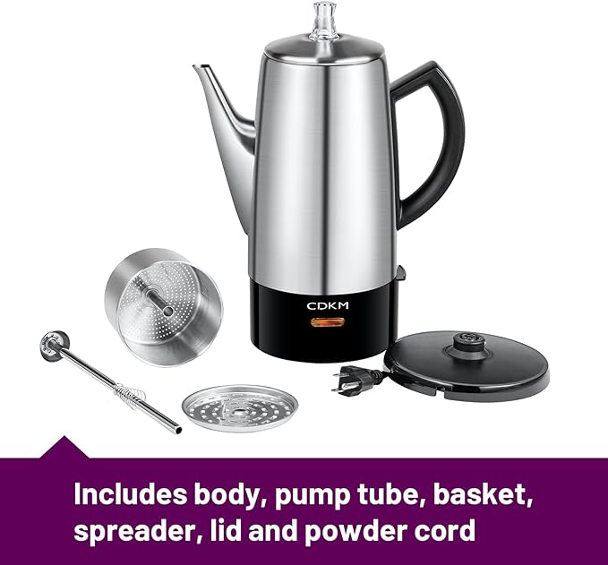 Classic 12 Cup Percolator PC-9822 Stainless Steel with keep warmcordless service (Brushed Finish)