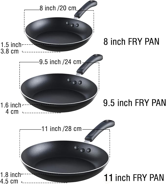 Cook N Home Basics Nonstick Frying Pan Set 8/9.5/11-Inch 3-Piece Non Stick Saute Fry Pan Skillet Set Black