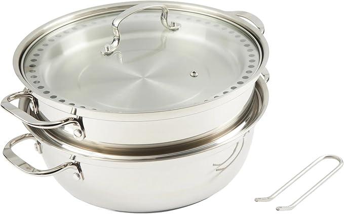 Kenmore Elite Devon Heavy Gauge Stainless Steel Tri-Ply Impact Bonded Induction 6.5 QT Dutch Oven W/ 11 Steamer and Metal Tong Set 5-Piece