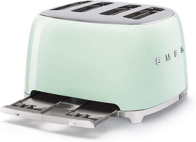 Smeg 50's Style Retro Aesthetic 4 Slice Toaster 6 Presets Extra Wide Slots Pastel Green TSF03PGUS