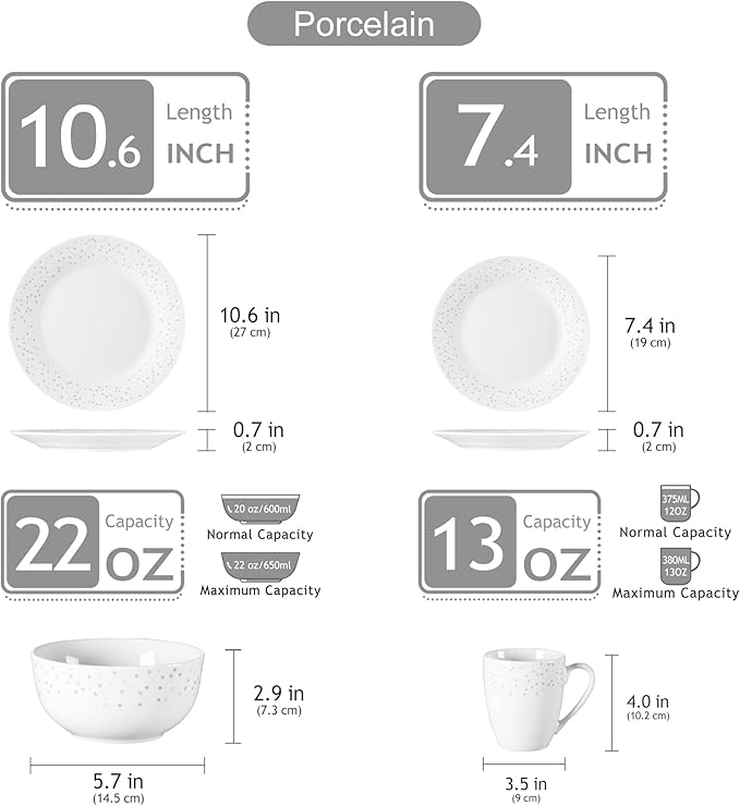 VEWEET Series Orion 16-Piece Dinner Set of Porcelain Combination Set with 10.75 Dinner Plate 7.5 Dessert Plate 5.5 Cereal Bowl and 380ml Mug Service for 4