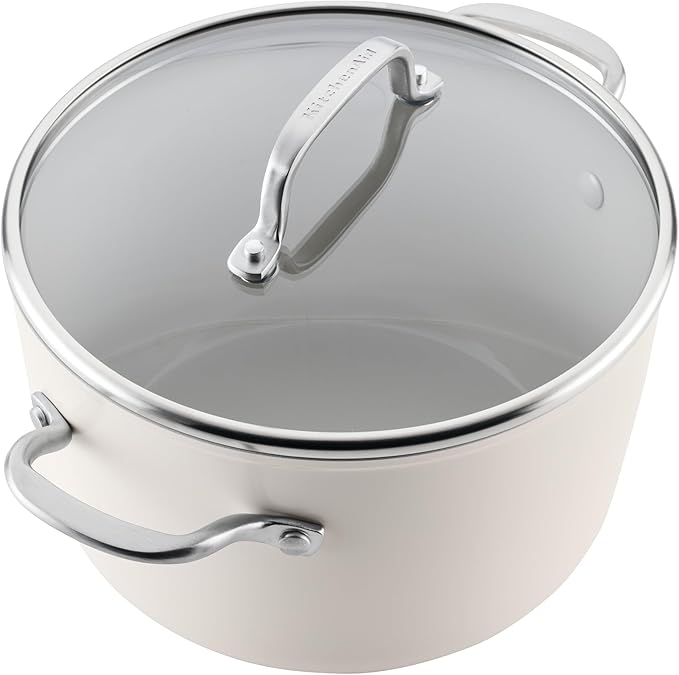 KitchenAid Hard Anodized Ceramic Induction Nonstick Pots and Pans with Saucepans Frying Pans Stockpot and Lids Dishwasher Safe 9 Piece Cookware Set with Stainless Steel Handles - Porcelain White
