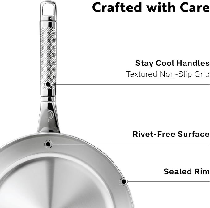 10-Piece Triply Stainless Steel Cookware Set - Fully Clad Pots and Pans Set with 8 Qt Pasta Pot Saute Saucepan Frying Pan - Non Toxic Cookware - Induction Dishwasher &amp Oven Safe