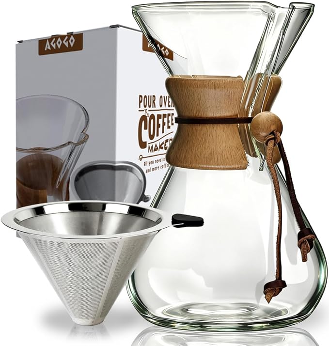 AGOGO Pour Over Coffee Maker Glass - 10 Cup Barista Kit with 304 Stainless Filter for Home Office Camping Cafes - Easy Clean Coffee Dripper Set (Soft Towel&ampBrush) (10 Cup/34oz)