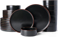 Famiware Nebula Ridge Stoneware Dinnerware Sets for 8 24 Pieces Plates and Bowls Sets Dishes Set Microwave and Dishwasher Safe Kitchen Plates Matte Black