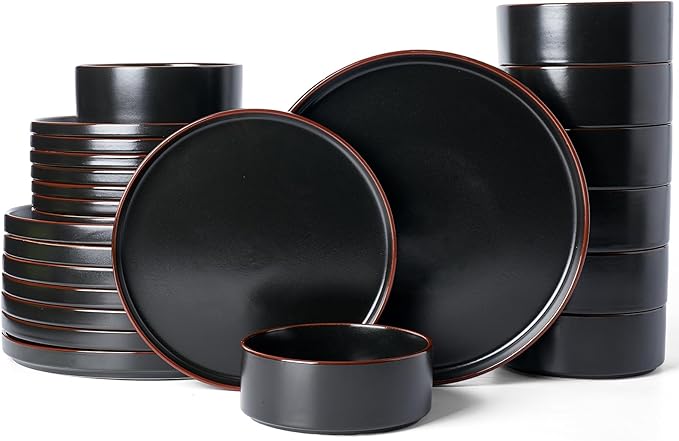 Famiware Nebula Ridge Stoneware Dinnerware Sets for 8 24 Pieces Plates and Bowls Sets Dishes Set Microwave and Dishwasher Safe Kitchen Plates Matte Black