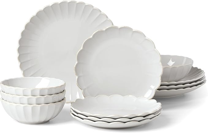 Lenox Stoneware Dinnerware Sets French Perle Scallop 12-Piece Dinnerware Set for 4 Service For 4 Dishwasher Safe Dishware White Dishes Set Stoneware Dinner Plates and Bowls Sets (White 12 Piece)