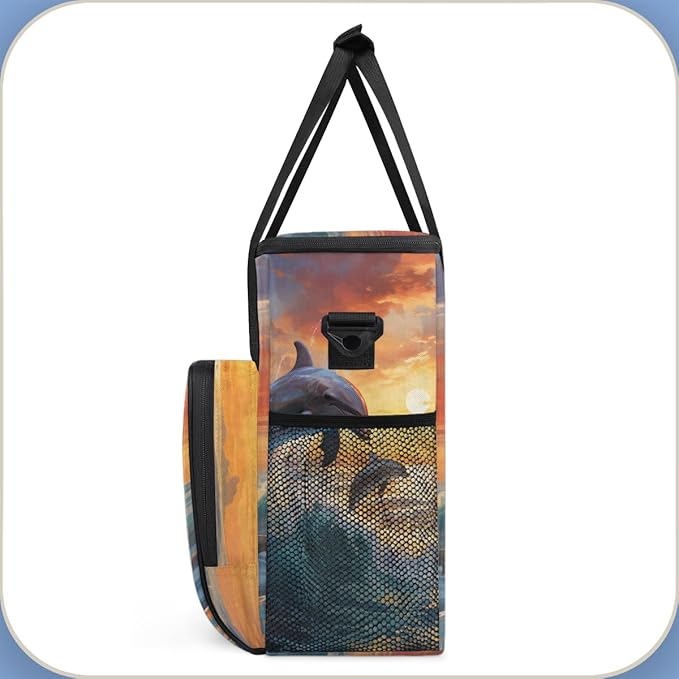 Cartoon Dolphin Coffee Maker Carrying Bag Sunset Dolphin Travel Storage Bag Compatible with K-Mini or K-Mini Plus Single Serve Coffee Brewer Carrying Case with Multiple Pockets &amp Shoulder Strap