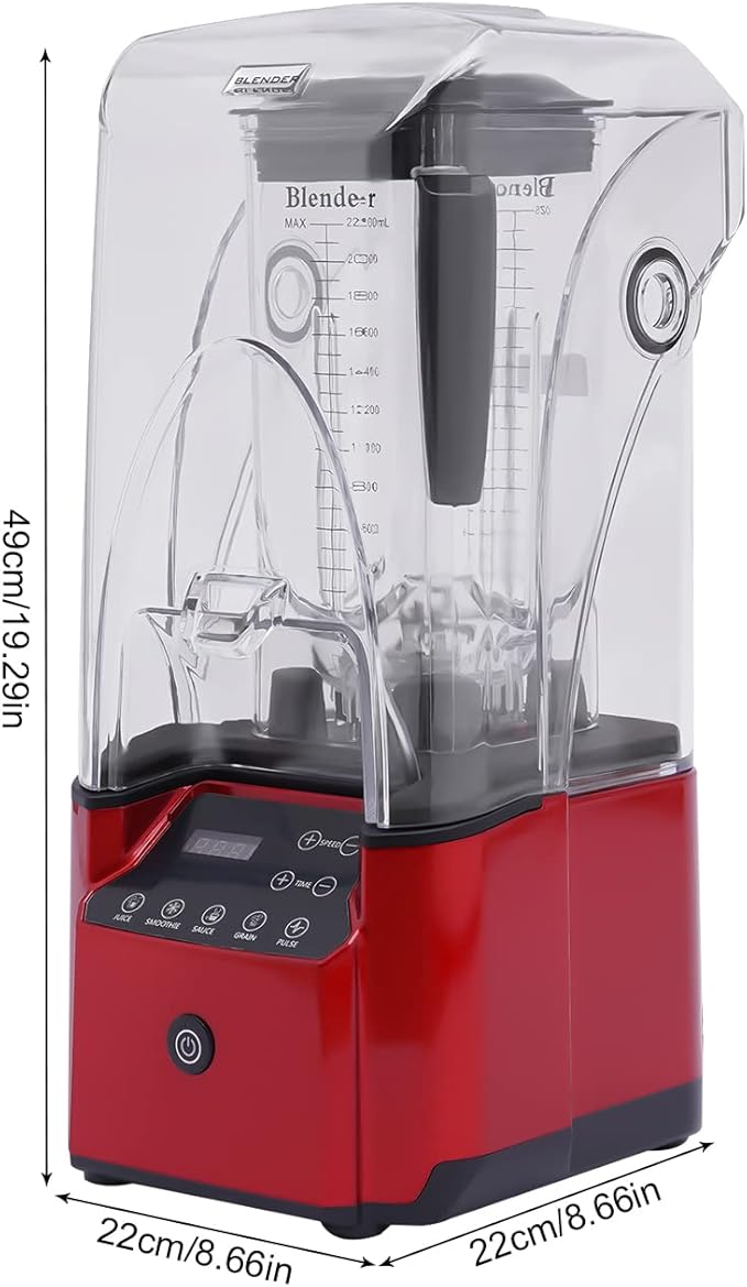 Professional Blender with Shield Eapmic Soundproof Blender Commercial Countertop Blenders 2200W 8 Gears Commercial Smoothie Countertop Blender for Smoothies Ice Cream Sauce Red