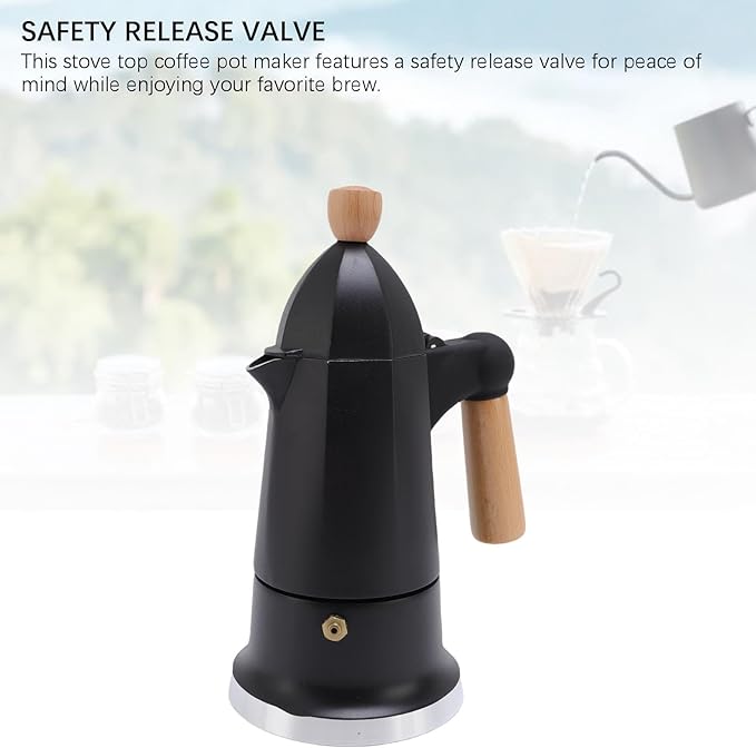 SIXRUN Aluminum Alloy Octagonal Percolator Coffee Pot Maker with Safety Valve and Beech Wood Handle (Black)