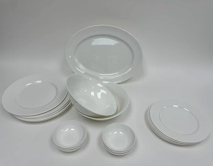 Bone China Dinnerware and Serveware. 21 Piece Dinnerware Set Service for 6 Classic White