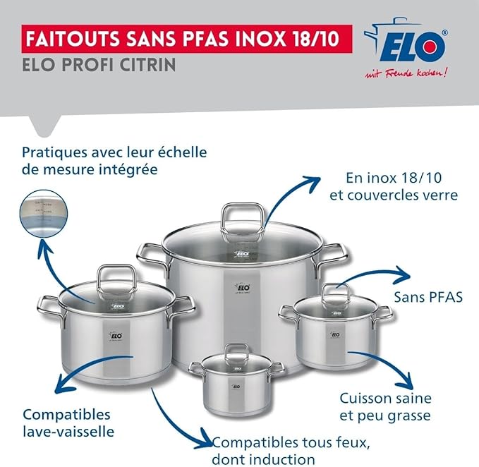 ELO 9510450 6-Piece Cookware Set 2 Frying Pans 28 and 32 cm and 4 Saucepans 12 14 20 and 26 cm Elo Profi Citrine Stainless Steel Induction