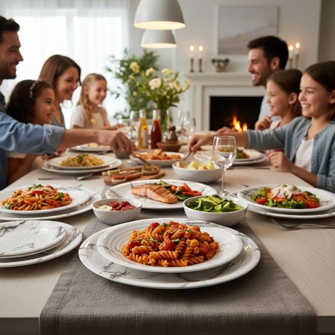 12-Piece Lightweight Melamine Dinnerware Sets White Marble Pattern Shatterproof &amp Dishwasher Safe Ideal for Outdoor Parties Family Dinners &amp Daily Use