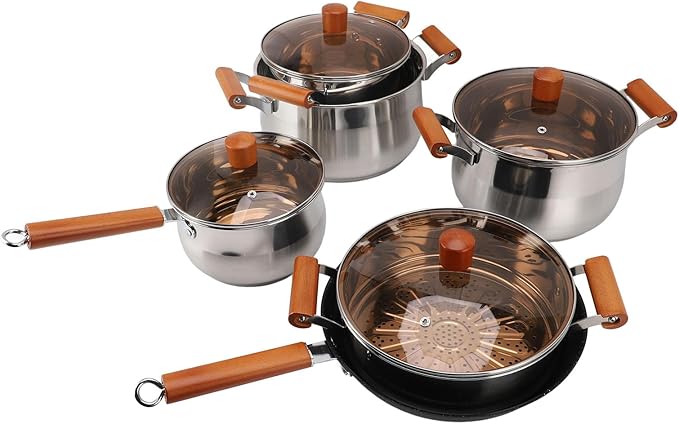 Crafted Stainless Steel Cookware Set Wood Handle Multifunctional Pot for Steaming Boiling and Soup Making Dual Handles for High Temperature Cooking