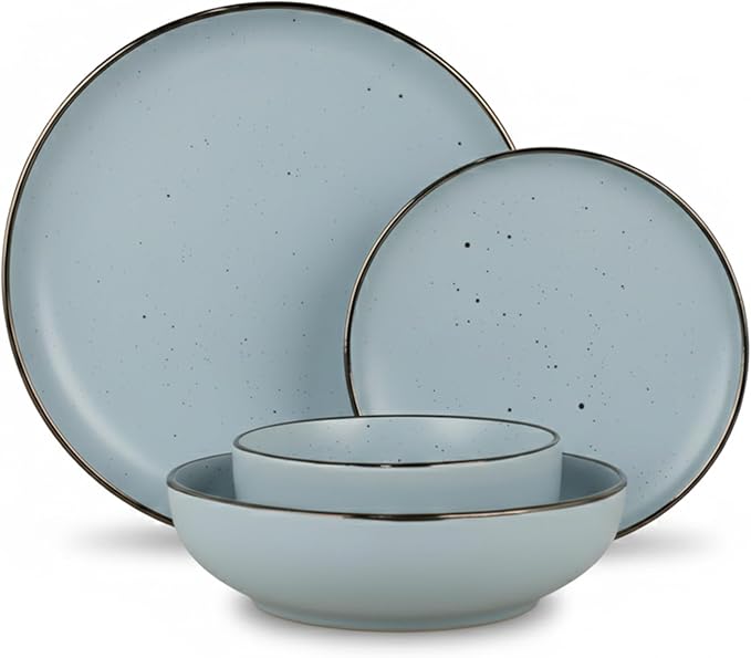 Dinner Set 16 PCS – Premium Ceramic Tableware in Blue – Includes 4 Dinner Plates 4 Side Plates 4 Rice Bowls &amp 4 Soup Bowls – Durable Stylish &amp Microwave Safe
