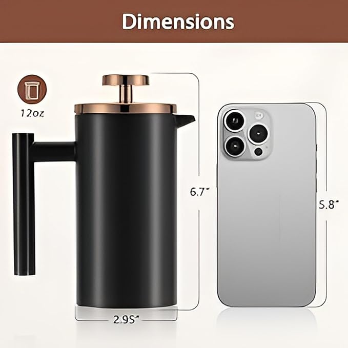 Miuly 12oz French Press for One Person Small Coffee Press 350ml with 2 Filter Mesh Double Wall Insulated French Press for Travel Black