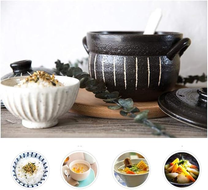 Clay Rice CookerJapanese Stone Rice Pot with Double LidEarthenware Rice PotStockpotHeat Resistant Ceramic CasseroleRound Stove Stew Pot Black 21x17.5cm (Black 21x17.5cm(8x7inch))