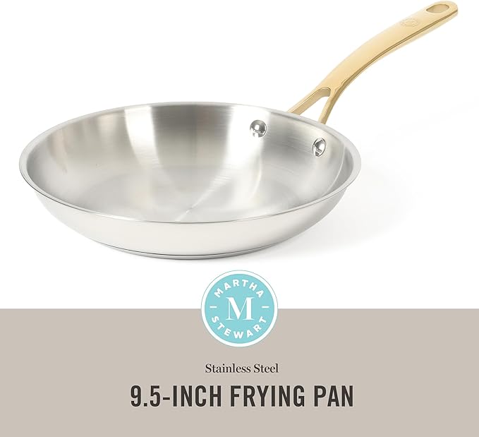 Martha Stewart Castelle 9.5-Inch Stainless Steel Frying Pan with Gold-Tone Handle – Tri-Ply Encapsulated Bottom Oven Safe &amp Induction Safe Skillet for Searing and Sautéing