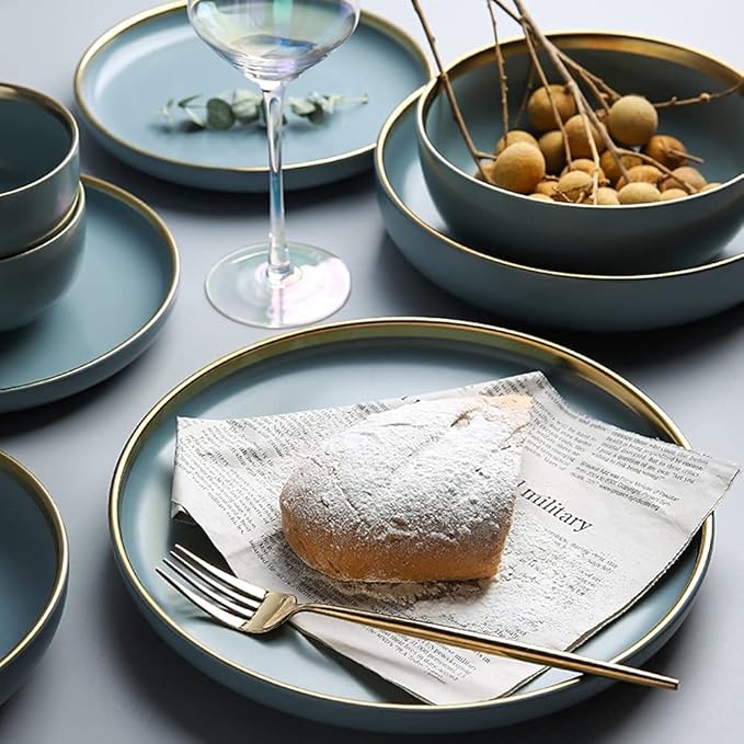 243241PCS Ceramic Dinnerware Set Nordic Dark Green Tableware Creative European Ceramic Tableware with Bowl Plate Service for 6810
