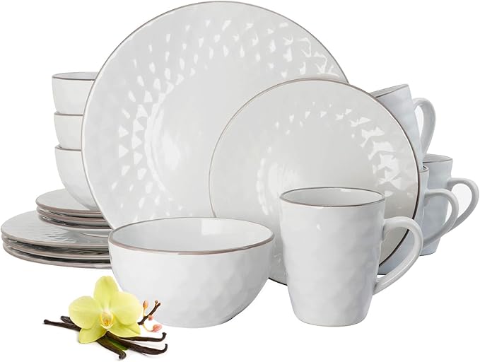 Elama's Luxurious Medici Pearl 16 Piece Dinnerware Set in Slate and Stone Pearl with Setting for 4
