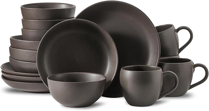 Dinnerware Sets Stoneware Plates and Bowls Sets Farmhouse 16 Piece Dish Set for 4 Ceramic Plates Set with Mugs for Kitchen Scratch Resistant Dishwasher &amp Microwave Safe Matte Black