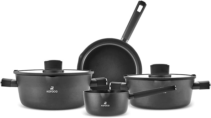 Karaca Swiss Crystal Ceramic Midnight Cookware Set - Non Stick Pots and Pans Set with Lid - PFAS-Free Dishwasher Safe Induction Hob Compatible Cookware Black 6 Piece
