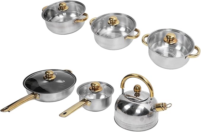 Stainless Steel Cookware Set with Gold Handle Pots and Pans for Home Kitchen - Rustproof Stick Proof Energy Efficient Suitable for All Stovetops (Gold Handle with Kettle)