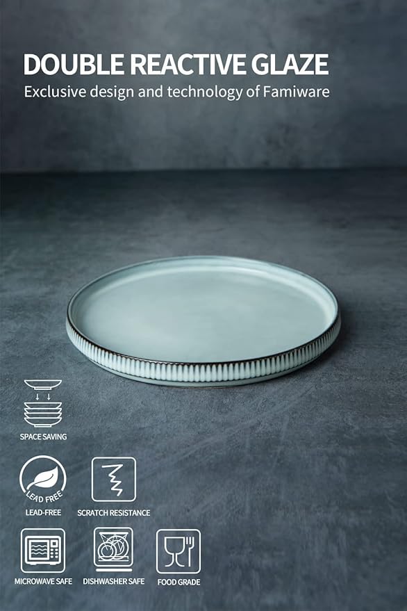 famiware 8.25 Paste Bowl Set (4 Piece) and 10 Dinner Plates for 6 - Smoky Blue