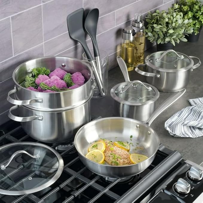 10-Piece Nonstick Aluminum Cookware Set – Heavy-Gauge Pots and Pans with Teflon Interior Cool-Touch Silicone Handles Scratch-Resistant Glacier Blue Finish (Silver)