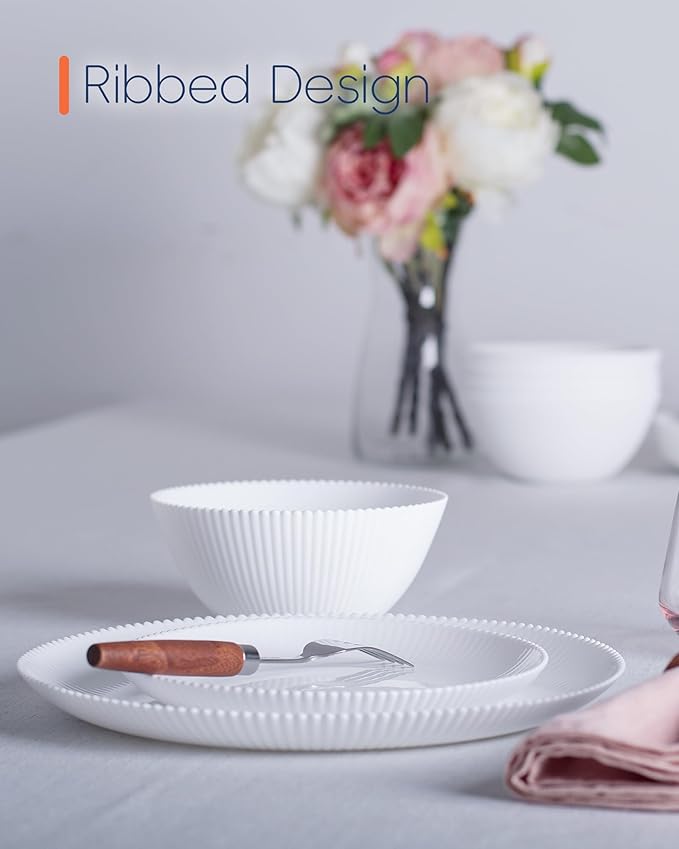 Dinnerware Sets for 4 12 Pieces Opal Glass Plates and Bowls Set Dishwasher and Microwave Safe Ribbed Dish Dinning Ware Chip and Scratch Resistant Dishware White