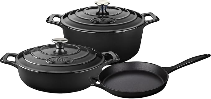 La Cuisine Piece Enameled Cast Iron 5 pc Set Pro Range 3.75QT Saute 6.5QT Round w/lid 10 Fry Pan-Black Slate (LC2640MB)