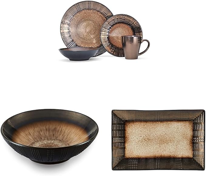 Gourmet Basics by Mikasa Verona 16-Piece Dinnerware Set &amp Cream Serving Bowl 9 Inch &amp Cream Rectangular Platter 13.75 Inch