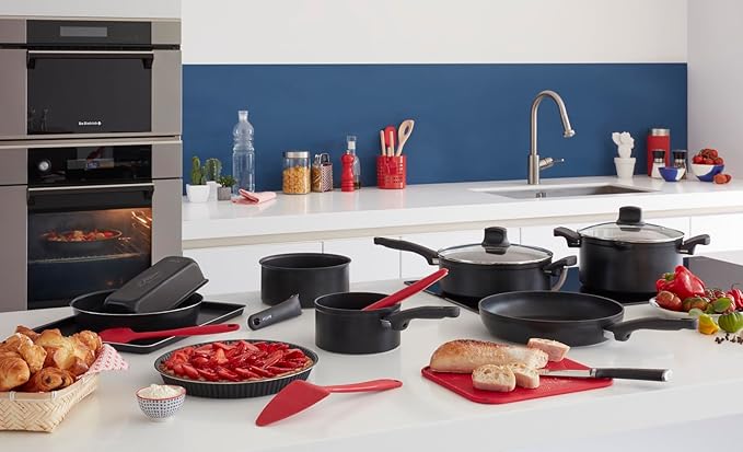 Tefal Induction Non‑Stick Coating 5‑Piece Cookware Set 16/18/20 cm Saucepans + 22/26 cm Frying Pans Thermo‑Signal Glass Lids All Hobs Including Induction Black - G155S54