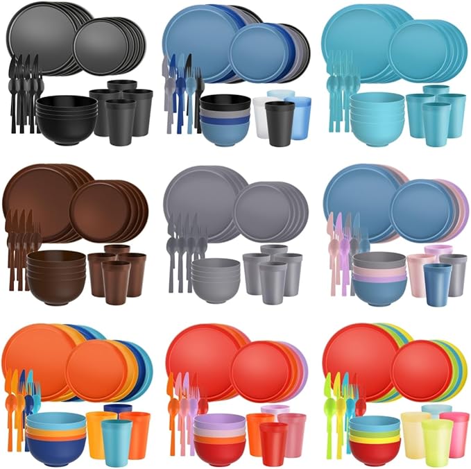 20 Piece RV &amp Camping Dinnerware Set Elegant Ceramic-Look Large Bowls &amp Plates Unbreakable &amp 100% Microwave Safe Melamine Alternative Service for 4 Black