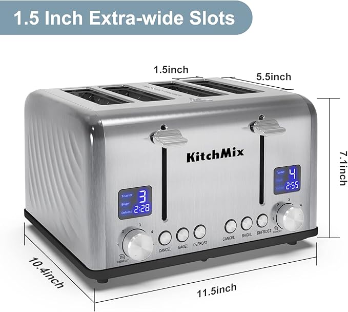 Toaster 4 Slice KitchMix Bagel Stainless Toaster with LCD Timer Extra Wide Slots Dual Screen Removal Crumb Tray (Stinless steel)