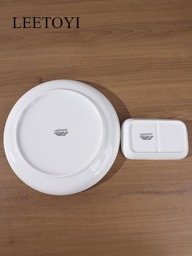 LEETOYI Ceramic Dishes and Plates 4-Piece Dinnerware Set Dinner Plates and Dipping dishes for Dessert Salad Pasta and Dip Microwave &amp Dishwasher Safe White