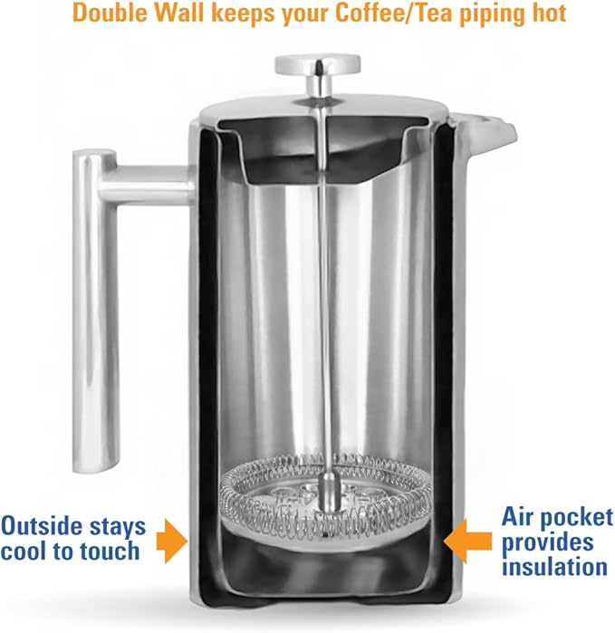 MIRA 20 oz Insulated French Press - Stainless Steel Coffee &amp Tea Maker - Double Wall Temperature Control Brewer Pearl Blue