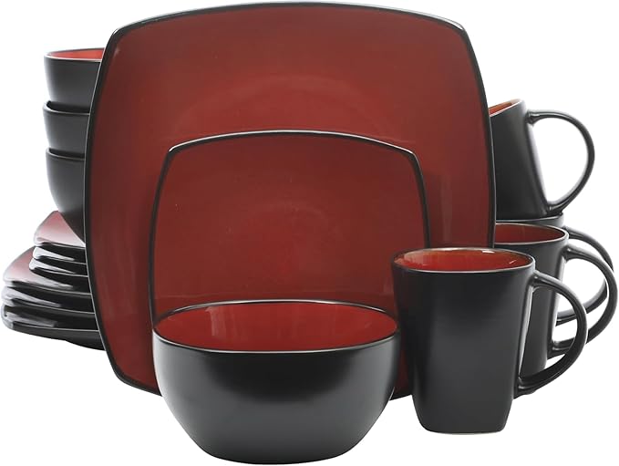 16-Piece Soho Lounge Square Stoneware Dinnerware Set – Bold Colors &amp Modern Design – Microwave &amp Dishwasher Safe (Red)